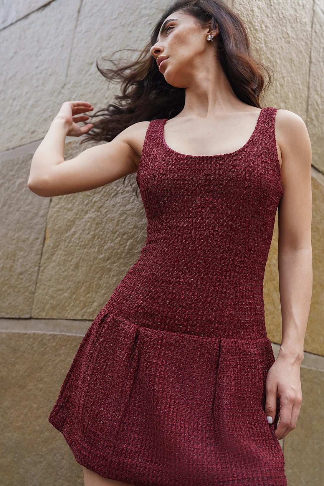 Burgundy Pleated Tweed Dress 3