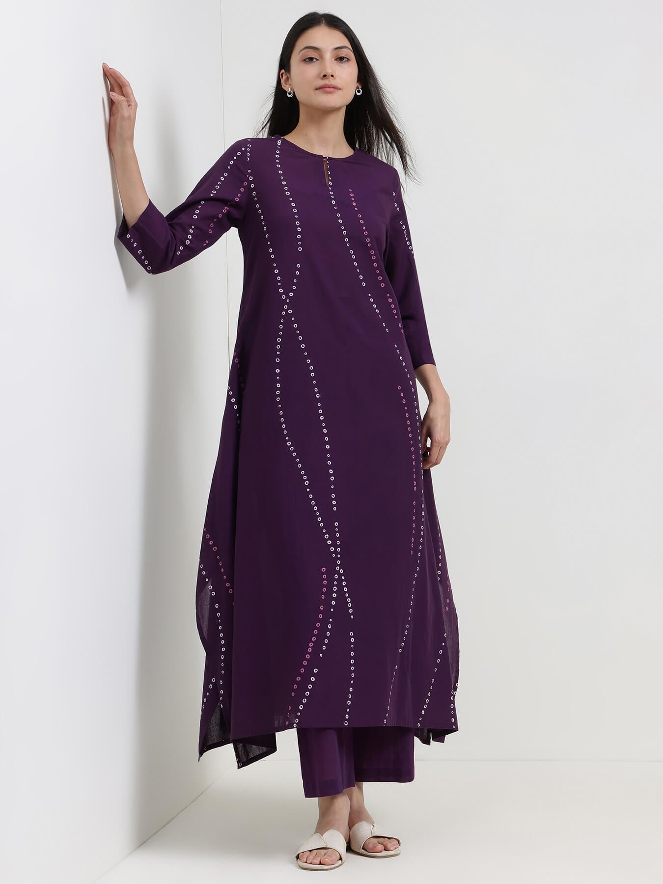 Cotton Bandhani Asymmetric Kurta Set - Purple 2