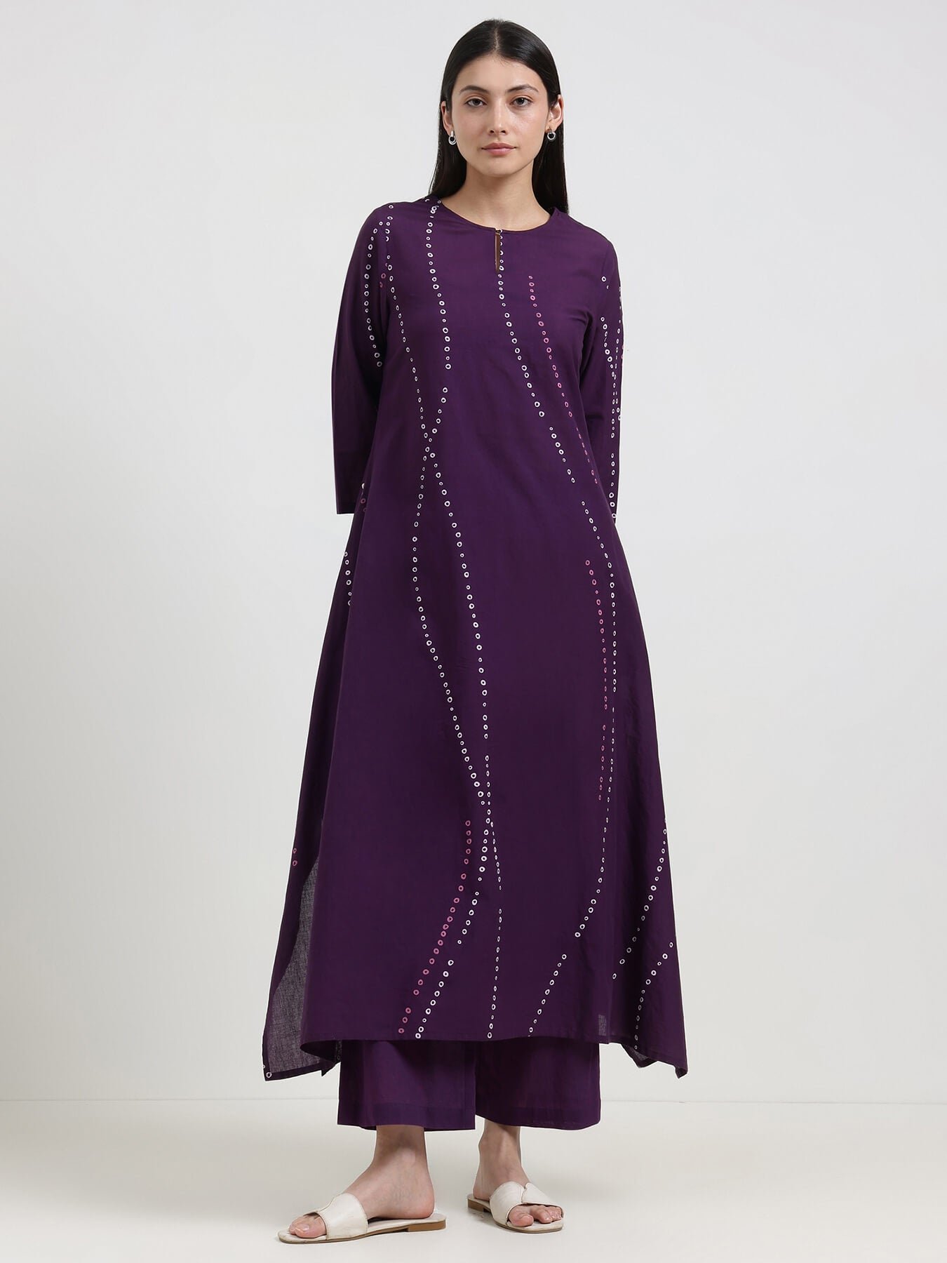 Cotton Bandhani Asymmetric Kurta Set - Purple 3