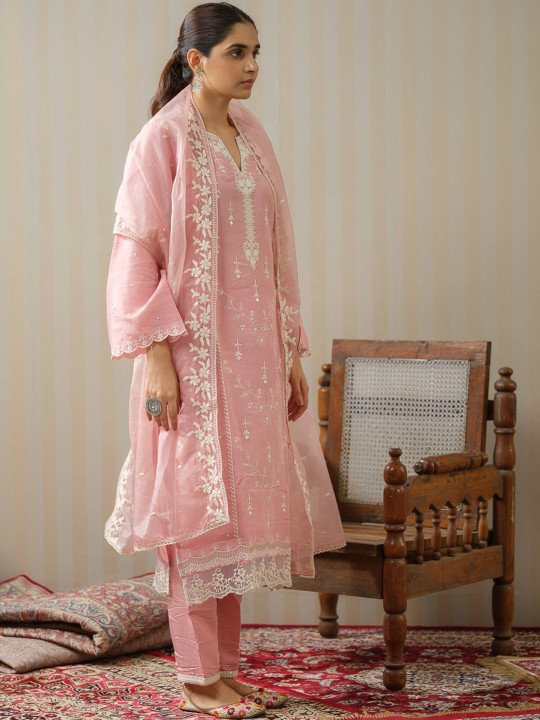 Ethnic Motifs Embroidered Straight Kurta With Trousers & Dupatta 2