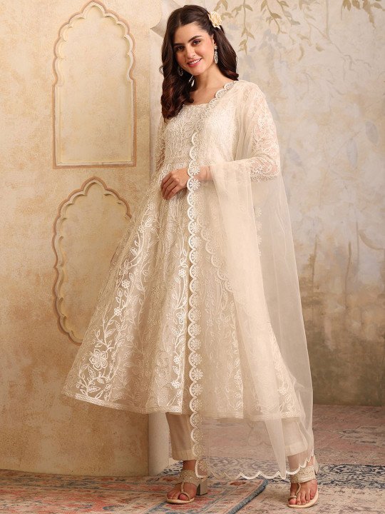 Women Floral Embroidered Round Neck Anarkali Kurta With Trousers & Dupatta 3