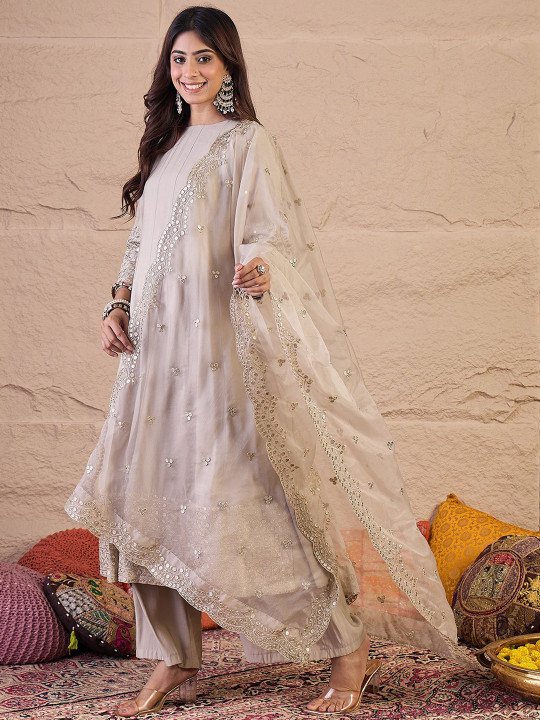 Women Floral Self Design Regular Sequinned Kurta with Palazzos & Dupatta 2