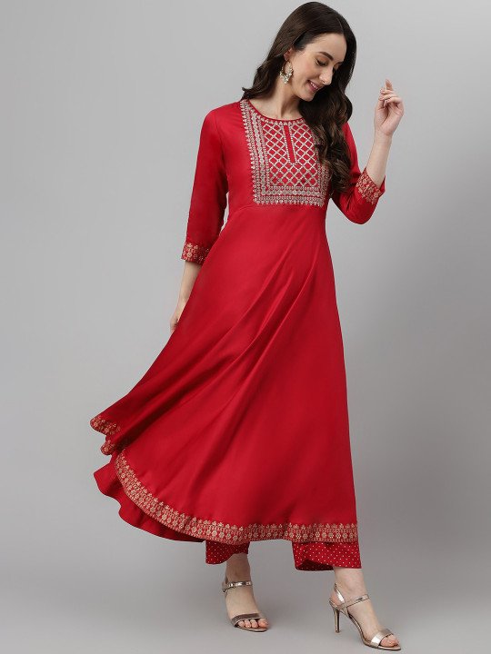 Empire Style Ethnic Motifs Embroidered Zari A-Line Kurta with Palazzos & Dupatta 2