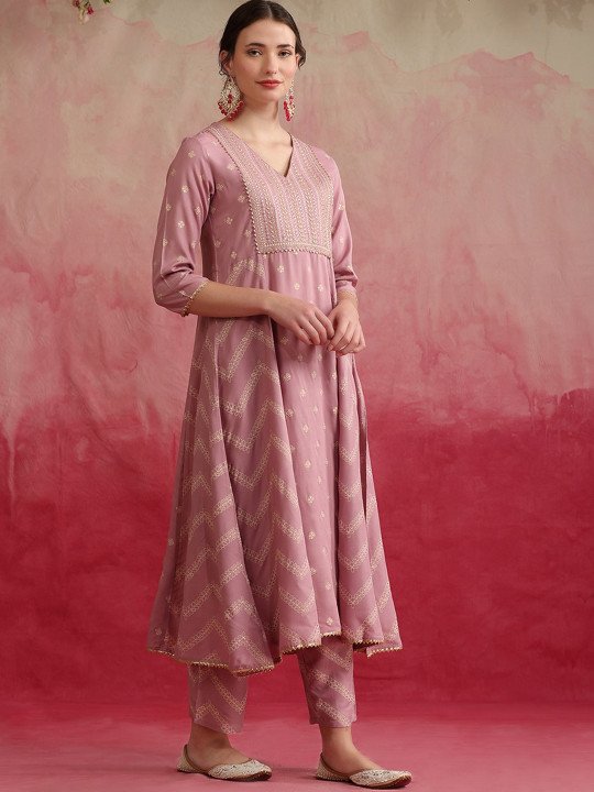 V Neck Chevron Embroidered Gotta Patti Anarkali Kurta with Palazzo & Dupatta 2
