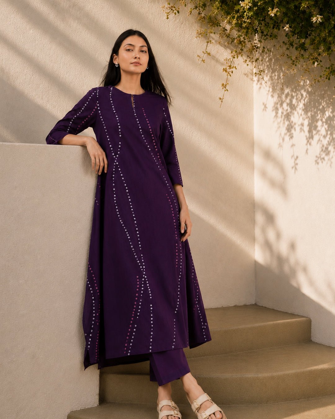 Cotton Bandhani Asymmetric Kurta Set - Purple