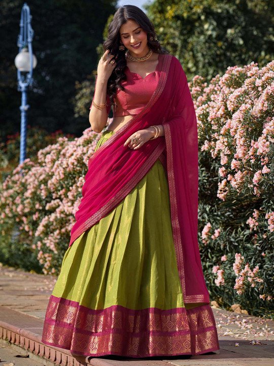 Traditional Kanchipuram Zari Woven Lehenga Choli Set With Dupatta