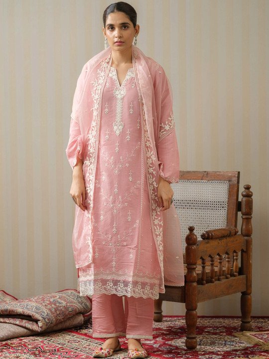 Ethnic Motifs Embroidered Straight Kurta With Trousers & Dupatta