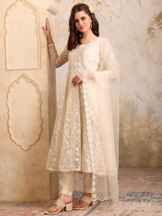 Women Floral Embroidered Round Neck Anarkali Kurta With Trousers & Dupatta