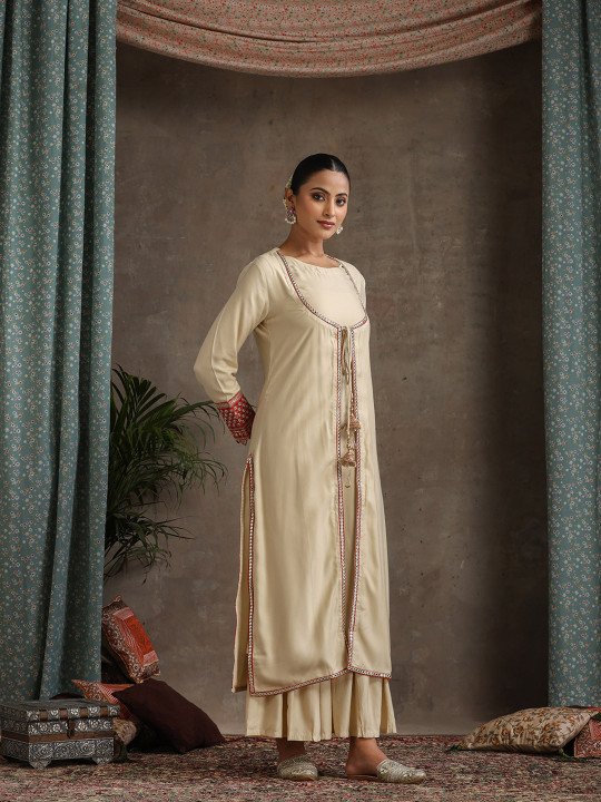 Geometric Embroidered Mirror Work A-Line Kurta With Sharara & Dupatta
