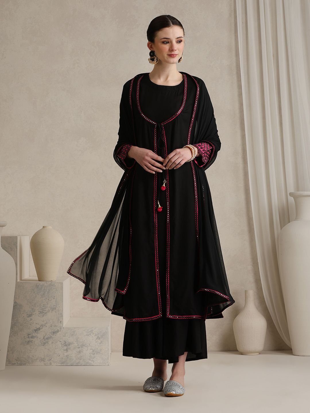 Geometric Embellished Mirror Work A-Line Kurta With Sharara & Dupatta