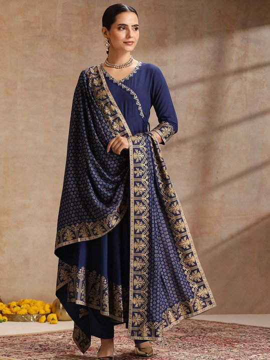 Women Ethnic Motifs Embroidered Angrakha Kurta with Trousers & With Dupatta