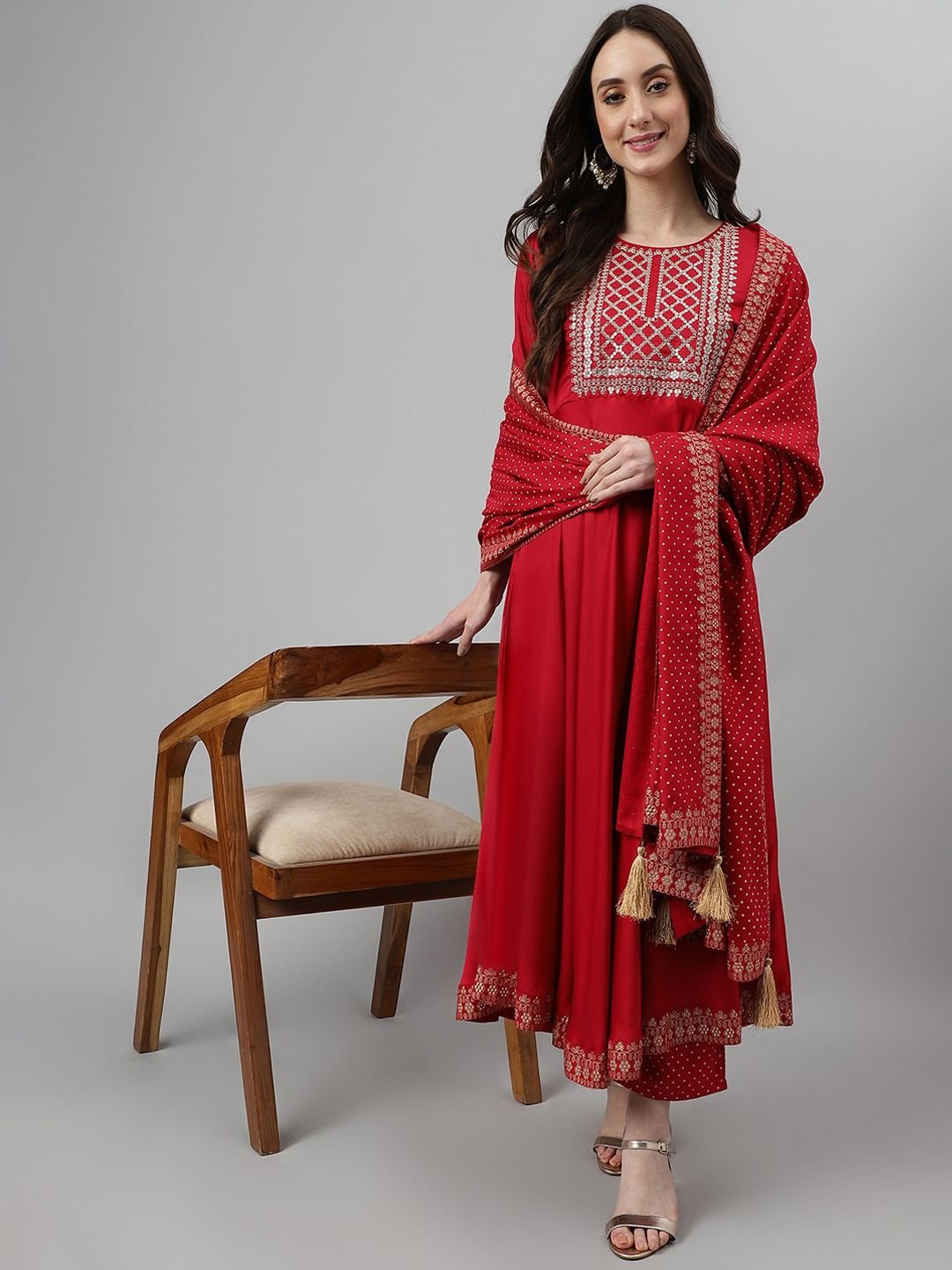 Empire Style Ethnic Motifs Embroidered Zari A-Line Kurta with Palazzos & Dupatta