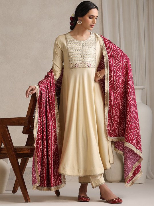 Yoke Or Border Embroidered Regular Anarkali Kurta With Palazzos & Dupatta
